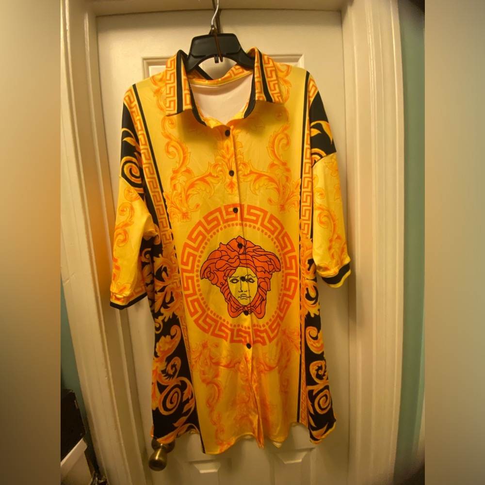 Versace Inspired Yellow and Black Button up Shirt Dress